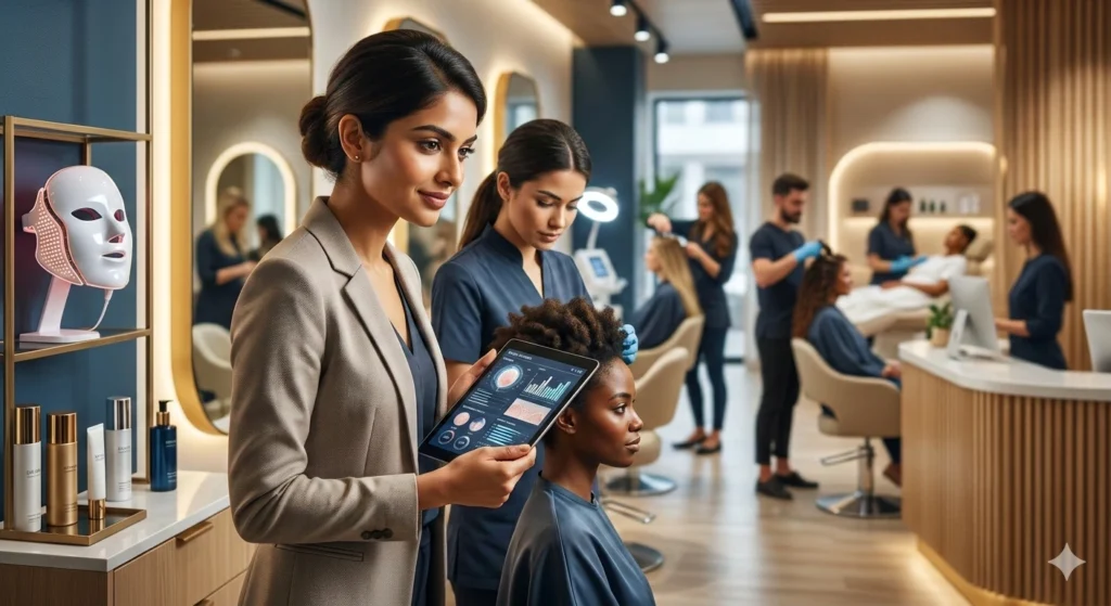 Cosmetologists using digital skin analysis in salon